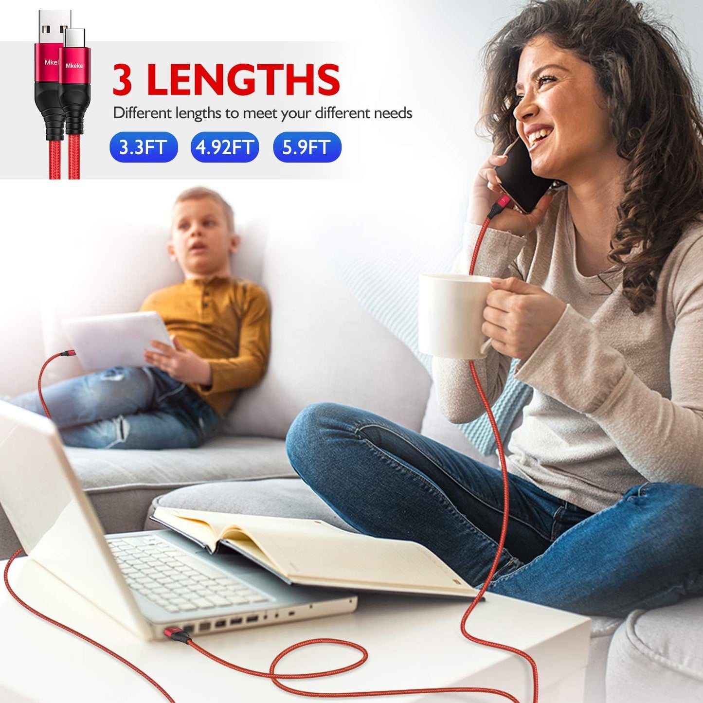 Mkeke 3 Pack 5.9Ft USB 2.0 Male-To-Male Data Sync & Fast Charge Cable for Smartphones, Laptops, Tablets